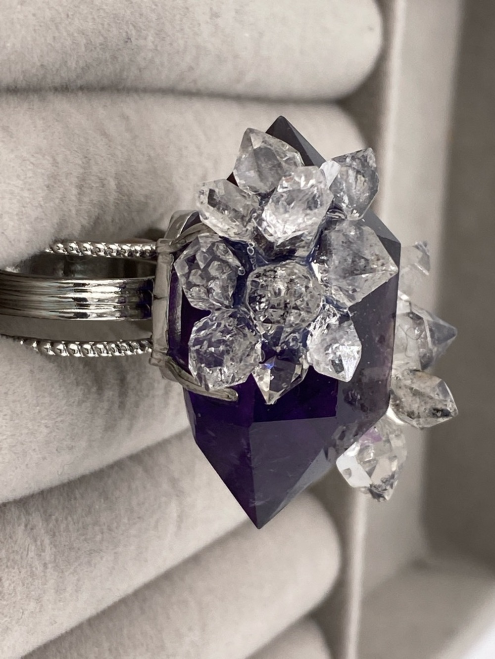 Deep Purple Amethyst & Herkimer Diamond Cluster Ring The Gem Studio View 3